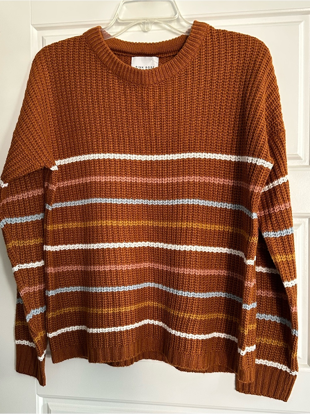 NWT - Pink Rose Rust Crewneck Sweater with Multicolor Stripes